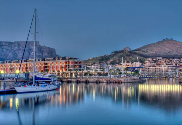 The Cape Grace Hotel in Cape Town looks beautiful on the water at night