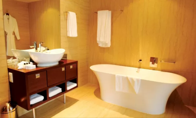The modernly designed bathrooms at the Pepper Club Luxury Hotel and Spa.