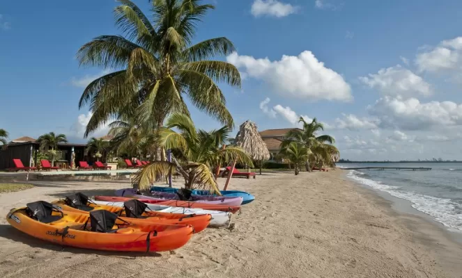 Complimentary kayaks wait ready for you on the beach at Hopkins Bay Resort