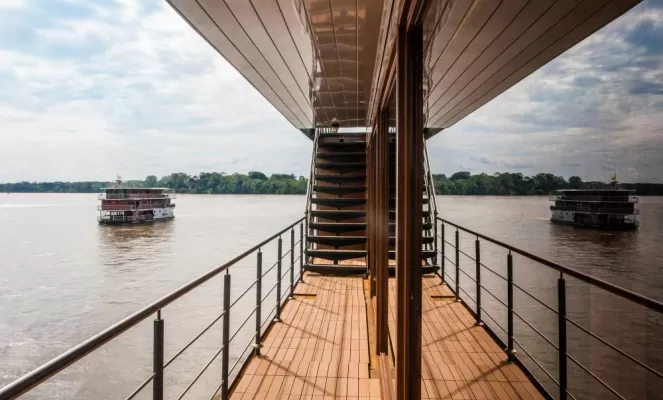 Walk the elegant outdoor decks of the M/V Anakonda