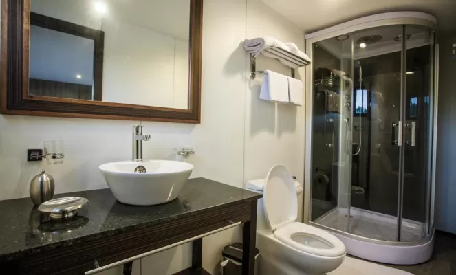 A modern and luxurious bathroom aboard the M/V Anakonda