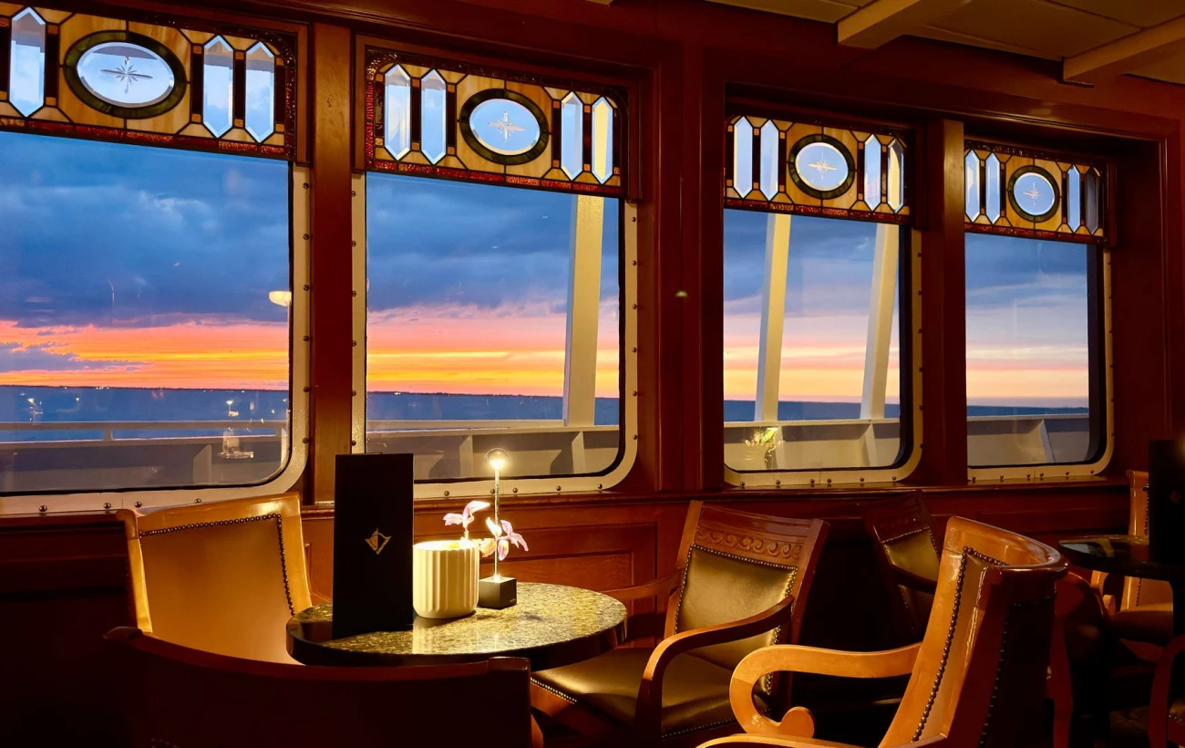 Sunset in the tavern aboard Victory I, Great Lakes