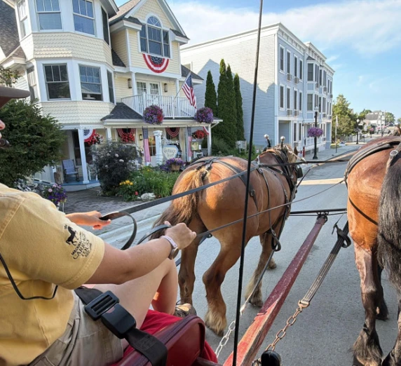 Riding through town on a carriage tour, Mackinac Island