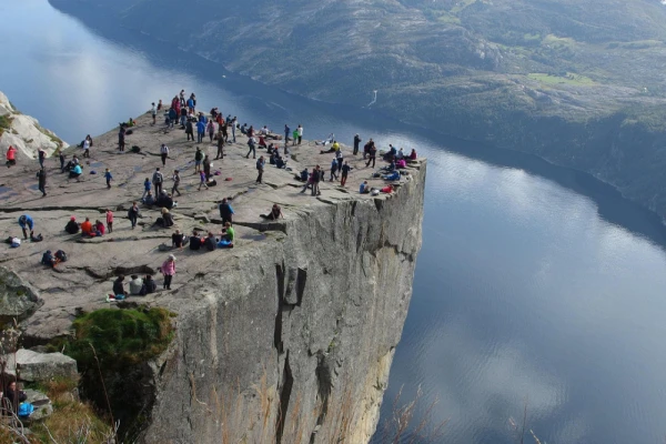 Pulpit Rock, a steep and famous cliff that towers over the Lysefjord in Norway