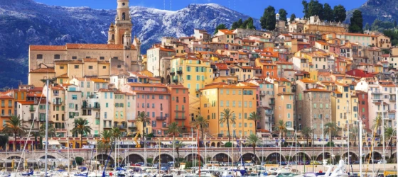 Panoramic Menton, France, with colorful hillsides and a premier yacht harbor