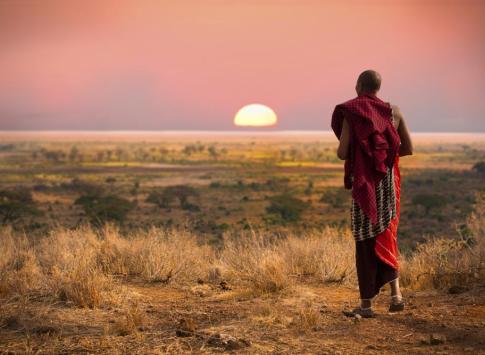 A Maasai warrior walks across the African bush