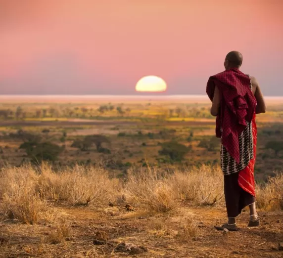 A Maasai warrior walks across the African bush