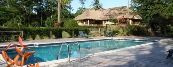 A view of the main lodge and pool at the Lodge at Big Falls