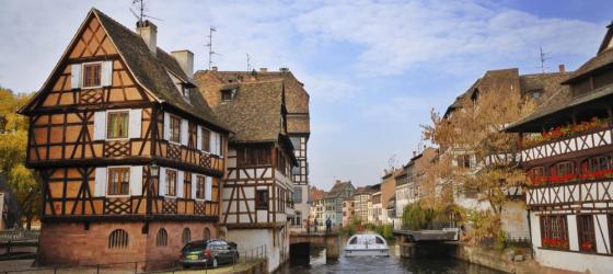 Peaceful canal running through a European town