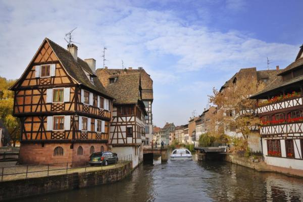 Peaceful canal running through a city