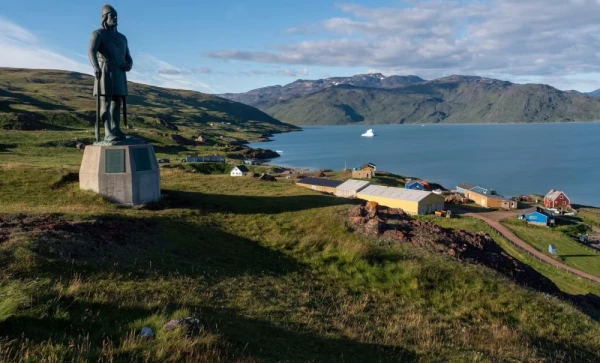 The statue of the Norse explorer Leif Eriksson overlooking the historic settlement of Qassiarsuk (historically known as Brattahlid) in southern Greenland