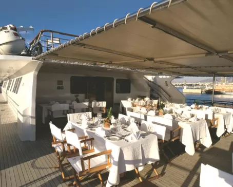 Dine on the deck aboard the Pegasus.