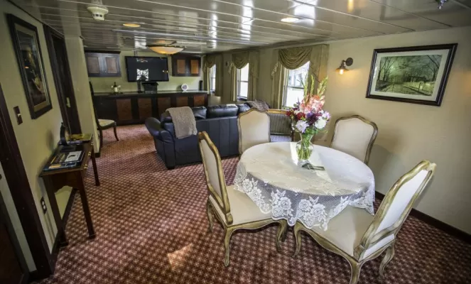 SS Legacy's lounge area in the Owner's Suite.