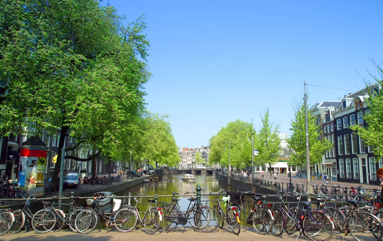 Bicycles on a bridge over the canal.