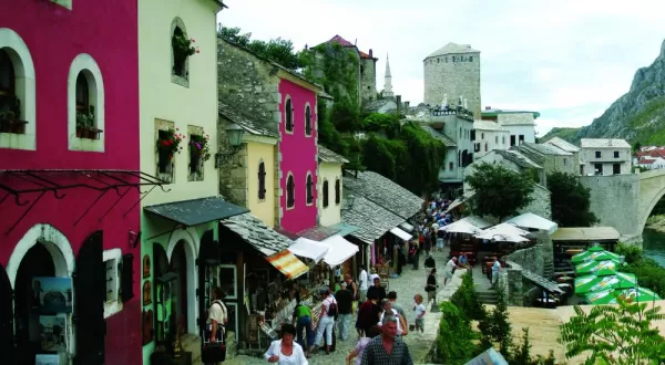 People shopping in the markets of Mostar.