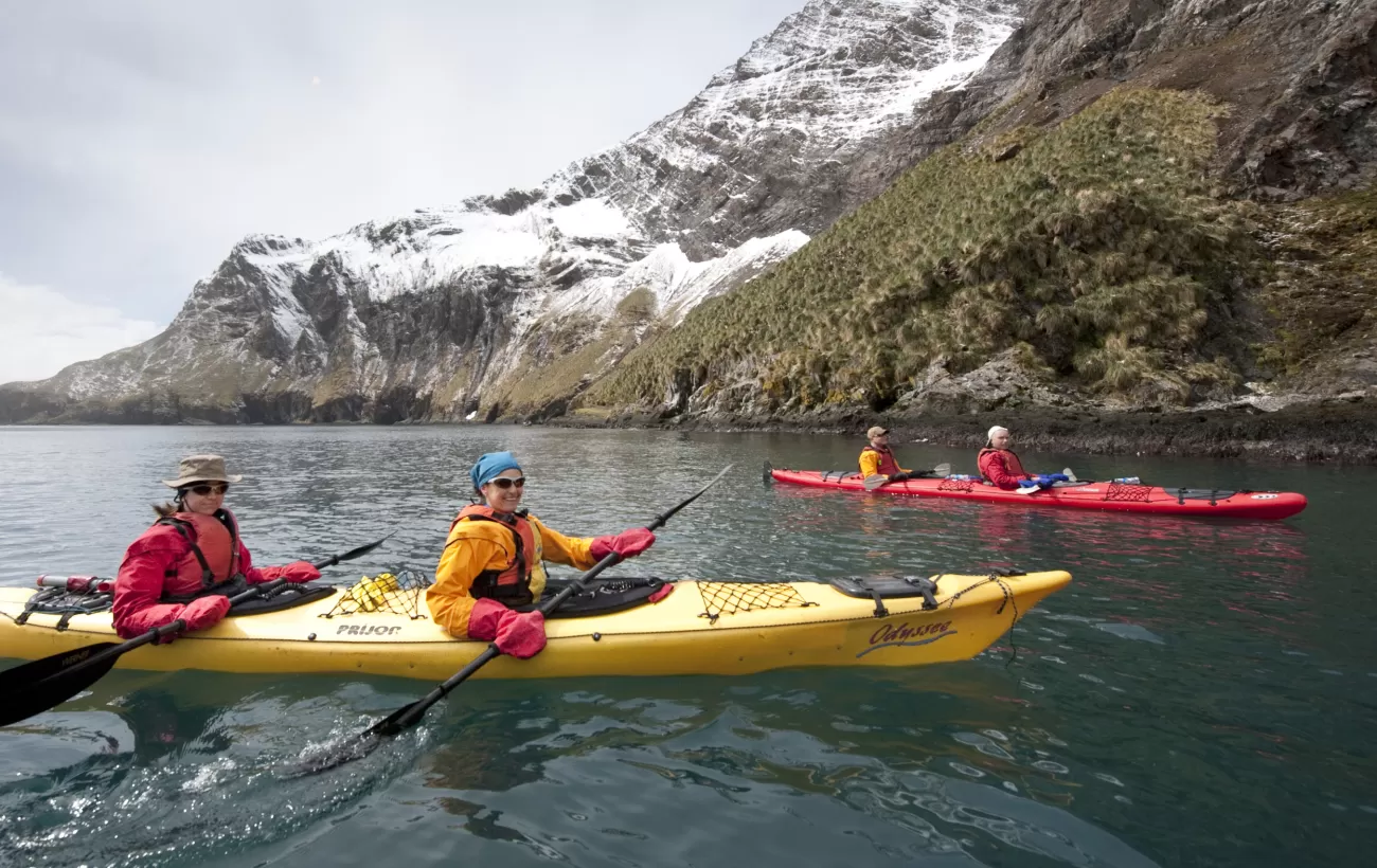 Kayakers in the waters of South Georgia.