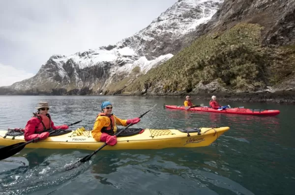 Kayakers in the waters of South Georgia.