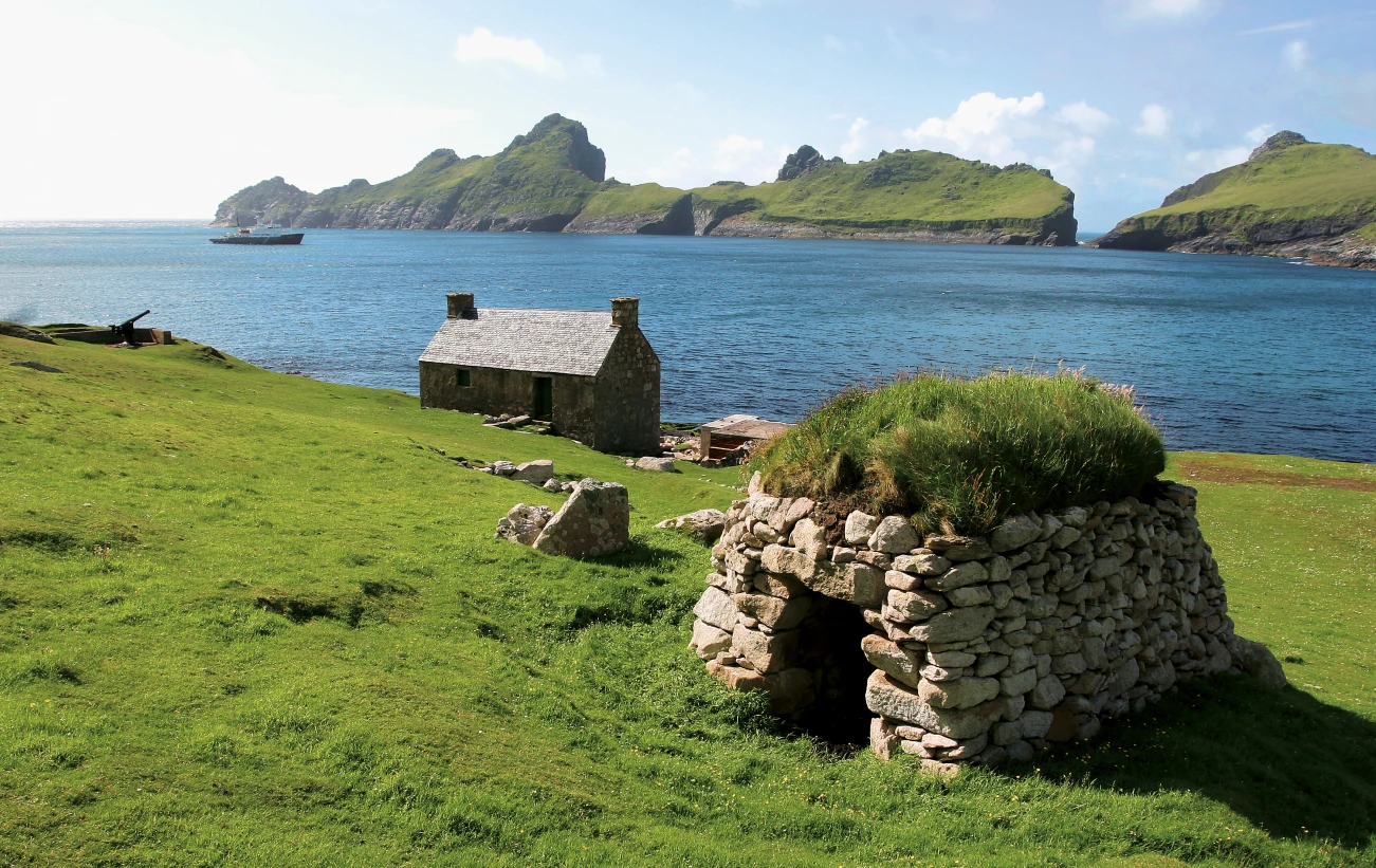 Stone house on the shores of St. Kilda Scotland.