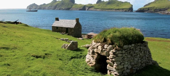 Stone house on the shores of St. Kilda Scotland.