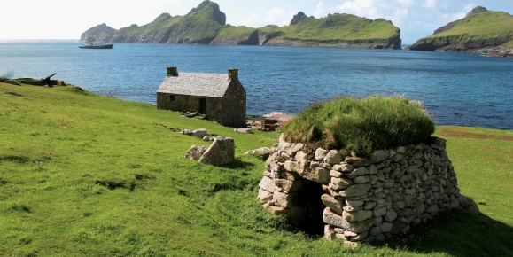 Stone house on the shores of St. Kilda Scotland.