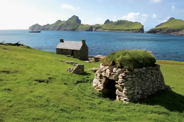 Stone house on the shores of St. Kilda Scotland.