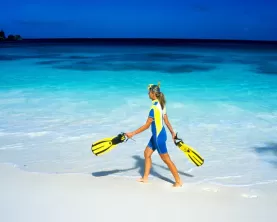 A snorkeler walking along a white sandy beach.