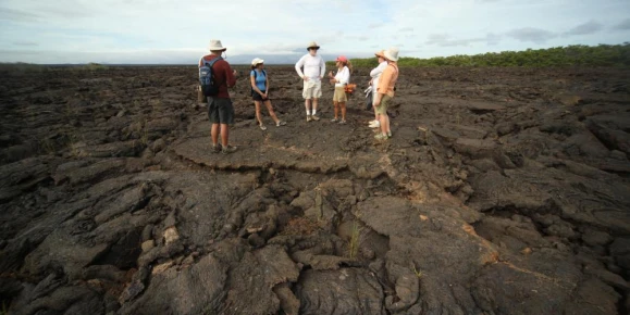 Travelers being guided across the volcanic landscape.