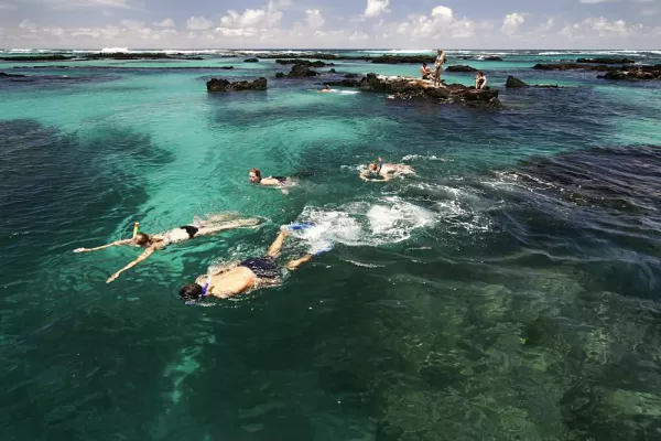 Snorkelers making their way through crystal clear waters.