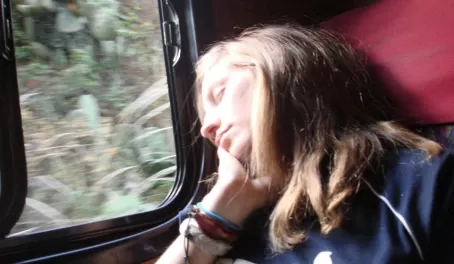 Sleeping soundly on the train back from Machu Picchu to Ollantaytambo
