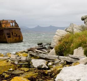 An old ship rusts in a Falkland Islands harbor