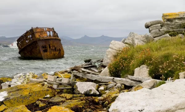 An old ship rusts in a Falkland Islands harbor