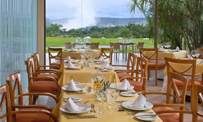 Enjoy a delicious meal and view in the dining room.
