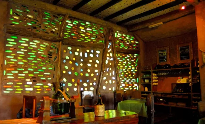A view of the wall in the dining area of the lodge.