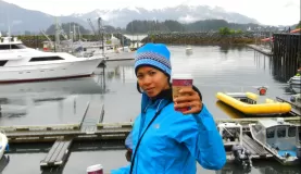 Enjoying a cup of coffee at the Juneau harbor