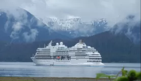 A cruise ship as it makes its through Alaskan waters