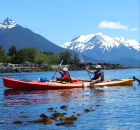 A couple kayaking through the pristine waters of Alaska