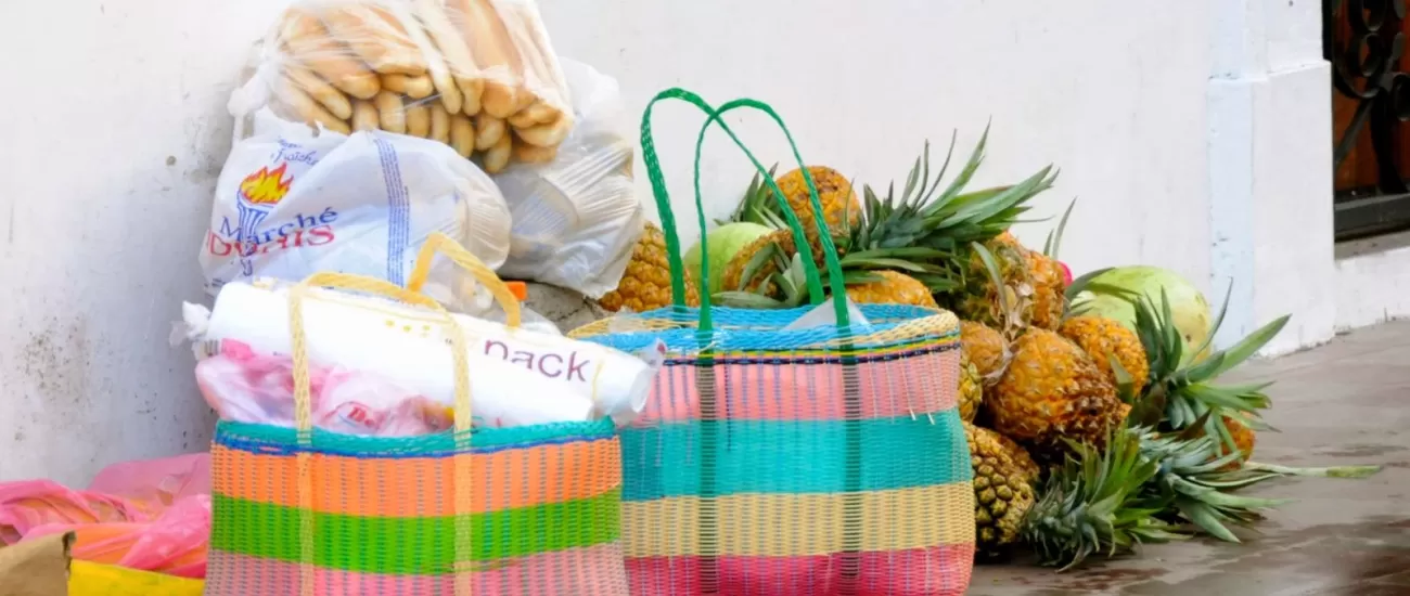 Sacks of groceries including a pile of pineapples sit on the ground.