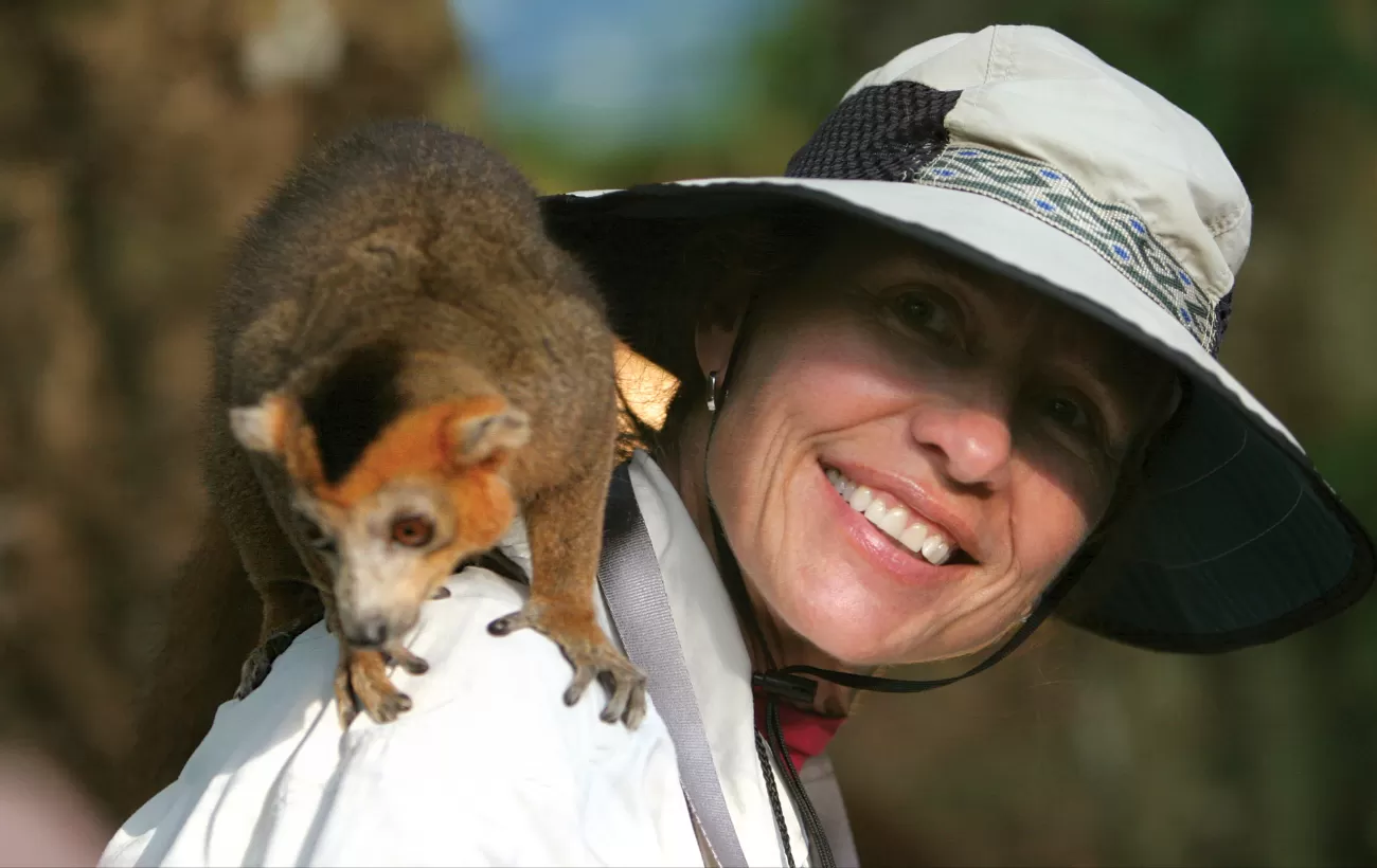 A traveler get up close and personal with a crowned lemur.