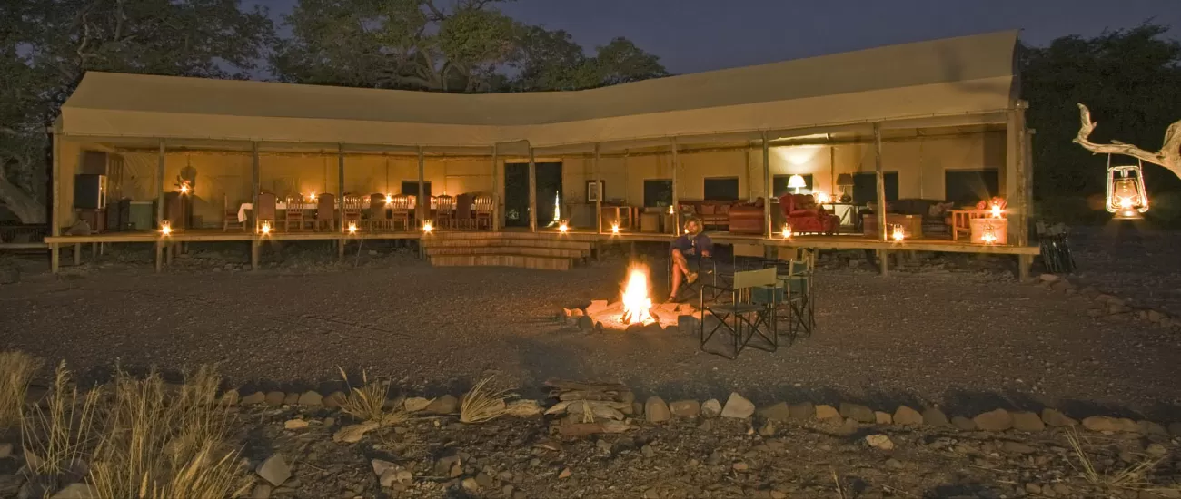 A view of the Desert Rhino Camp at night.