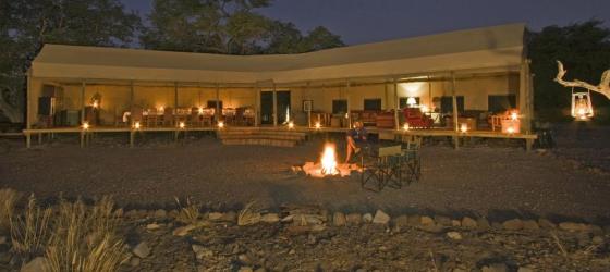 A view of the Desert Rhino Camp at night.
