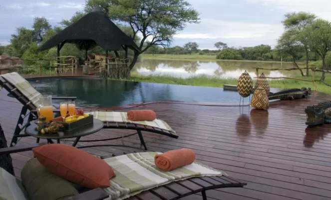 Relax by the pool and enjoy a refreshing drink at the Okonjima Bush Camp