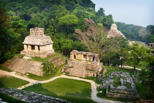 A view of the Mayan Palenque ruins from above.