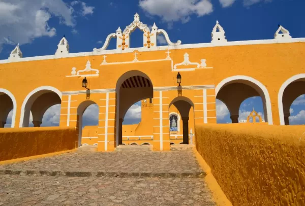 The brightly colored Izamal monastery in the Yucatan.