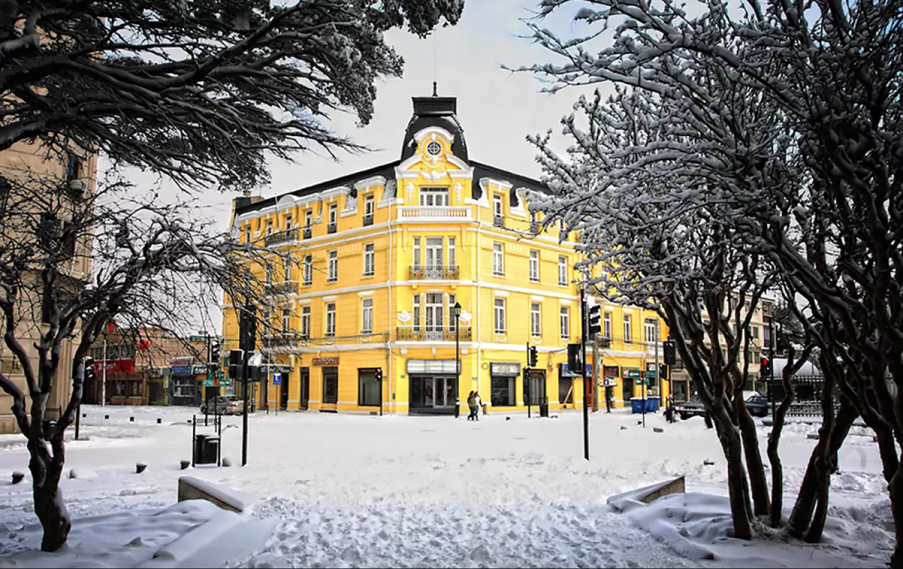 The hotel surrounded in beautiful white snow