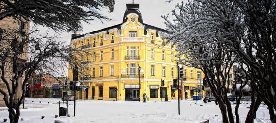 The hotel surrounded in beautiful white snow