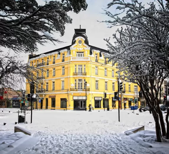 The hotel surrounded in beautiful white snow