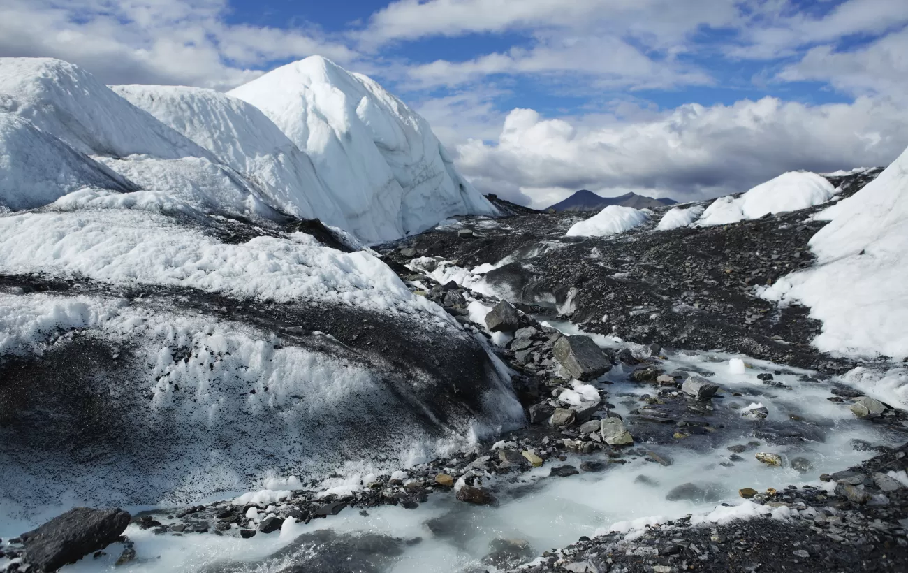 Glacier streams wind across the Alaskan landscape