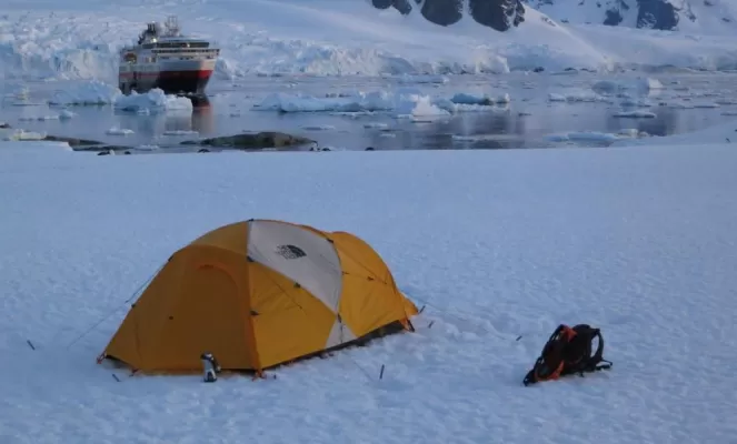 Camp on the Antarctic peninsula as you sail on the MS Fram