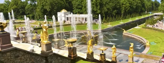 View the magnificent gardens at the Peterhof Palance in St. Petersburg