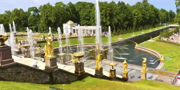 View the magnificent gardens at the Peterhof Palance in St. Petersburg